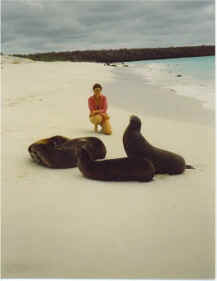 Ann with seals on Galapagos